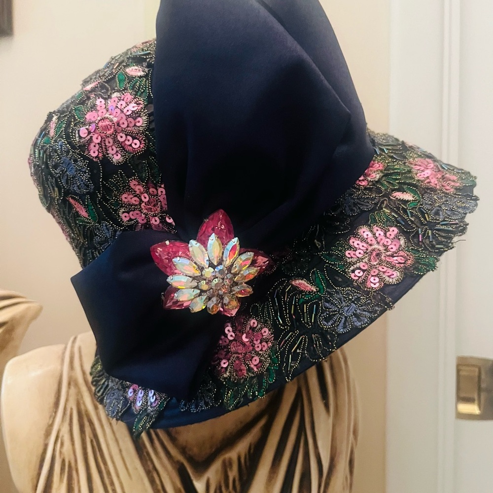 Navy Floral Embellished Hat with Bow